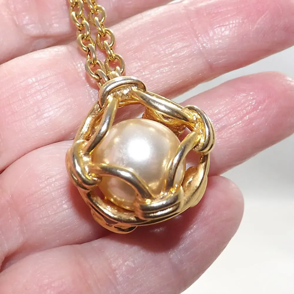Joan Rivers Faux Caged Pearl Pendant Necklace, Gold Plated, 1990s, 29 In
